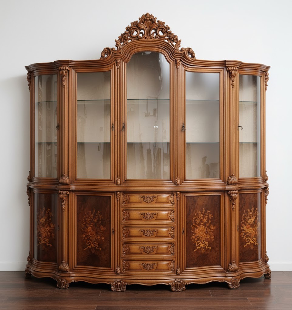 vetrinacredenza-monumentale-bombata-intarsi-floreali-vetri-molati-stile-barocco-veneziano-metà-’900